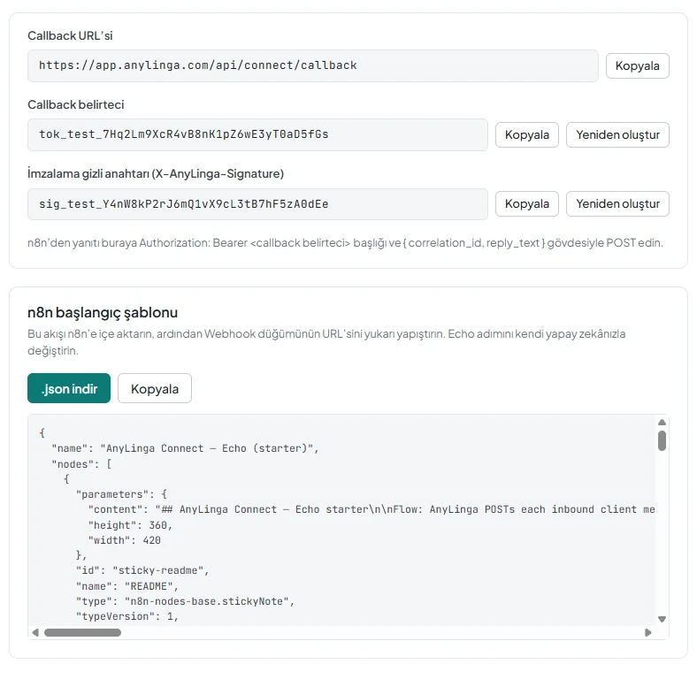 Callback URL’si, belirteç ve imzalama gizli anahtarı alanları ile «.json indir» düğmesinin bulunduğu başlangıç şablonu bölümü.