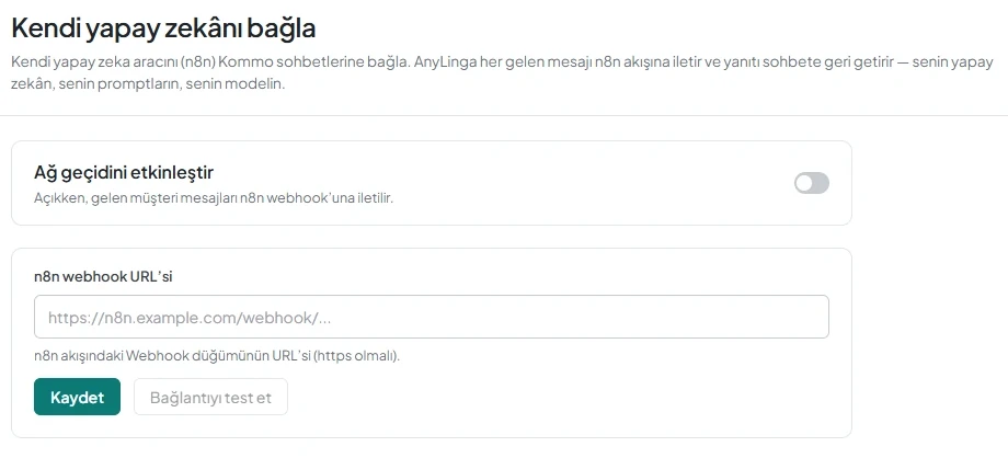 «Ağ geçidini etkinleştir» anahtarı ve «n8n webhook URL’si» alanının bulunduğu «Kendi yapay zekânı bağla» sayfası.