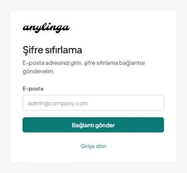 E-posta alanı ve «Bağlantı gönder» düğmesi bulunan «Şifre sıfırlama» sayfası.