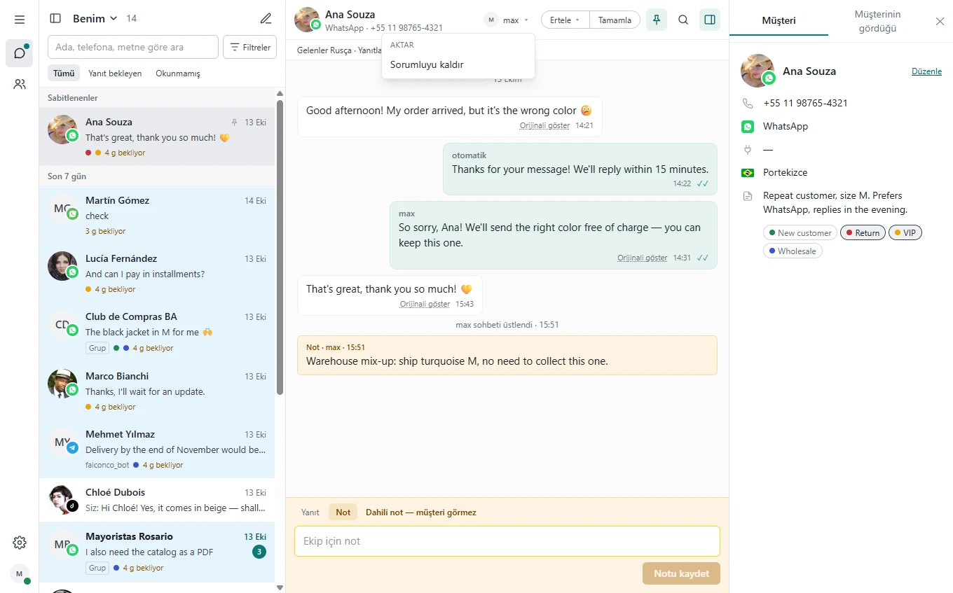 Inbox'ta açık bir sohbet; «Sorumlu kullanıcı» alanı, «Not» modu ve durum değiştirme işlemleri.