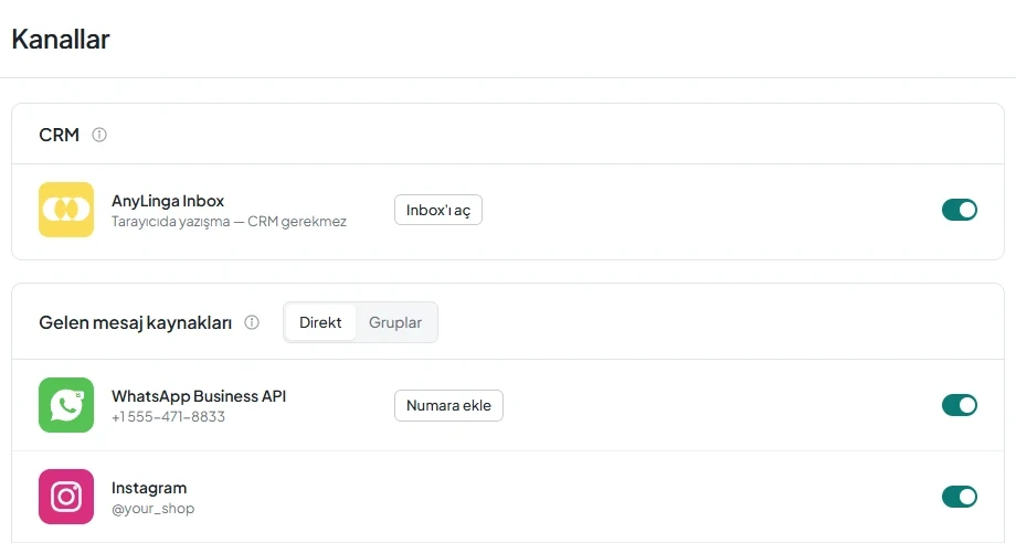 AnyLinga hesabındaki «Kanallar» bölümü; «AnyLinga Inbox» kartı ve «Tarayıcıda yazışma — CRM gerekmez» açıklaması.