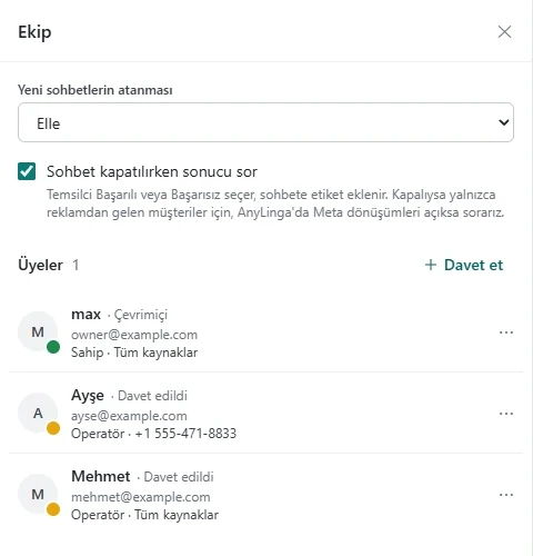 Inbox'taki «Ekip» bölümü; çalışan rolleri, kaynak erişimi ve «Yeni sohbetlerin atanması» ayarı.