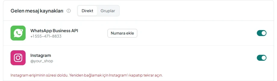 «Instagram erişiminin süresi doldu. Yeniden bağlamak için Instagram'ı kapatıp tekrar açın.» uyarısının bulunduğu Instagram satırı.