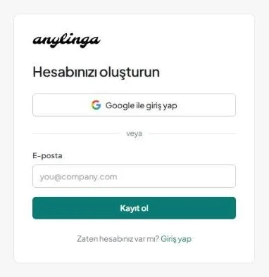 «Google ile giriş yap» düğmesi, «veya» ayırıcı metni, «E-posta» alanı ve «Kayıt ol» düğmesi bulunan «Hesabınızı oluşturun» sayfası.
