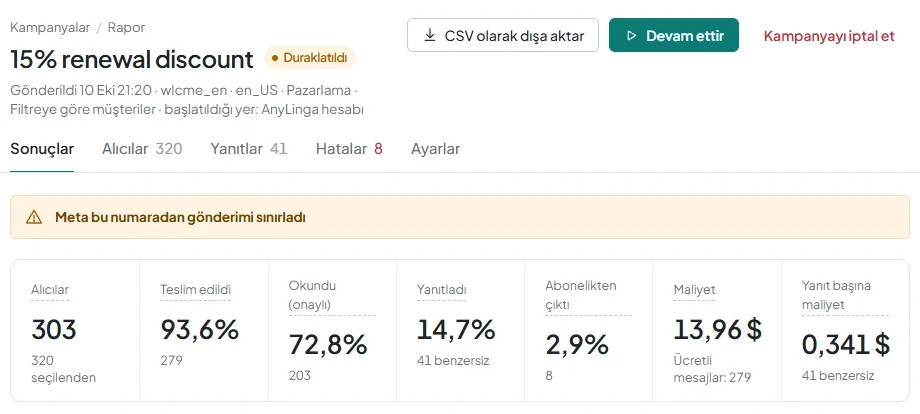 Askıya alınan toplu gönderimin raporunda «Meta bu numaradan gönderimi sınırladı» nedeni gösterilir.