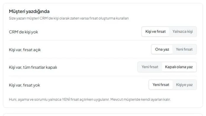 «Lead yönlendirme» sekmesi, dört durum ve işlem seçeneklerini içeren «Müşteri yazdığında» kartı.