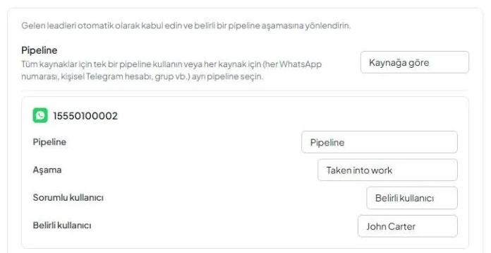 «Per source» modu: kendi pipeline, aşama ve sorumlu kullanıcı ayarlarını içeren kaynak kartı.
