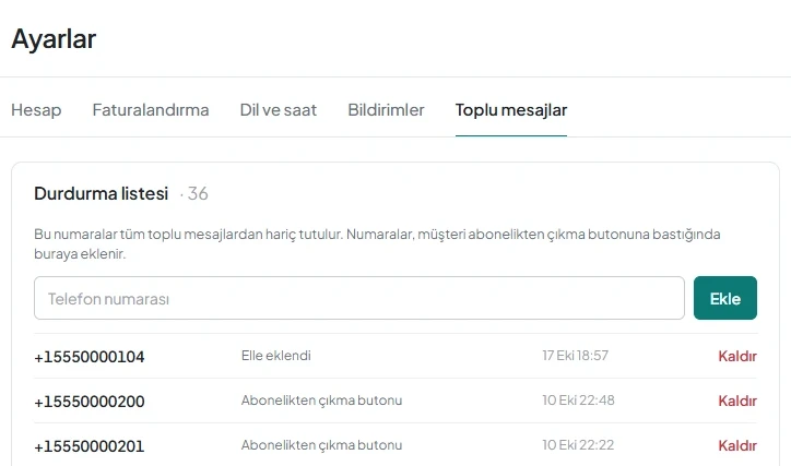 Ayarlardaki «Toplu mesajlar» sekmesinde, numara alanı ve kayıt kaynaklarını içeren «Durdurma listesi» kartı.