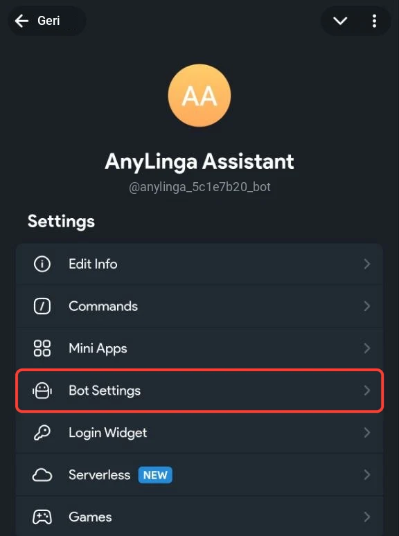 @BotFather'da yardımcı bot sayfası; Bot Settings seçeneği vurgulanmış.