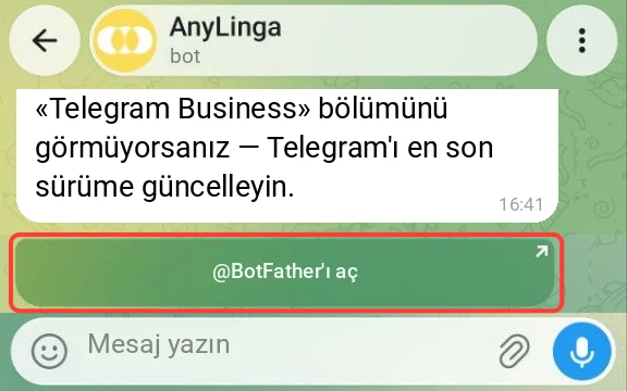 AnyLinga botunun talimatlarının sonu ve vurgulanan «@BotFather'ı aç» düğmesi.