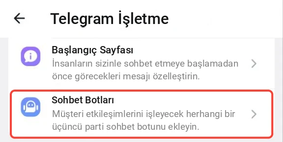«Telegram İşletme» bölümü; «Sohbet Botları» seçeneği vurgulanmış.