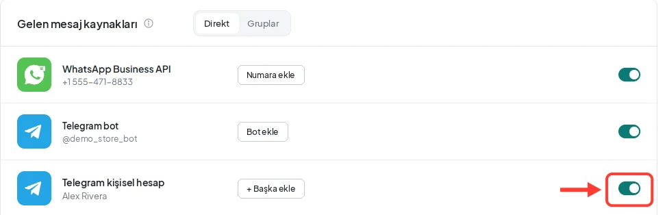 AnyLinga'da «Gelen mesaj kaynakları» bölümü: «Telegram kişisel hesap» bağlı, anahtar açık ve vurgulanmış.