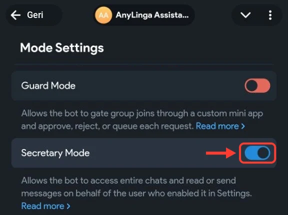 @BotFather'da Mode Settings: Secretary Mode anahtarı açık ve vurgulanmış.