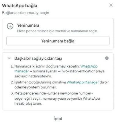 «Yeni numara» bölümü, «Yeni numara bağla» düğmesi ve genişletilmiş «Başka bir sağlayıcıdan taşı» bölümüyle «WhatsApp bağla» penceresi.