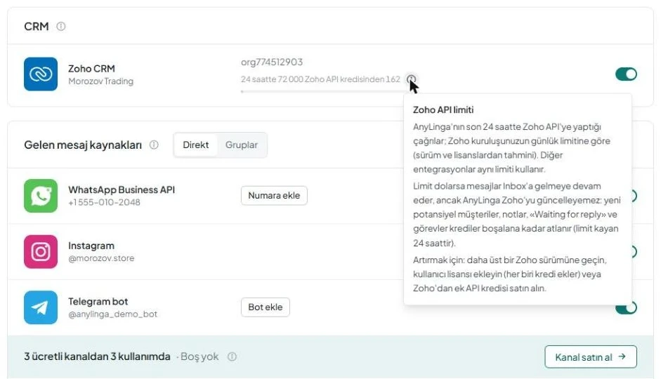 «Kanallar» sayfasındaki Zoho CRM satırı; kullanım göstergesi ve açık «Zoho API limiti» bilgi kutusu.