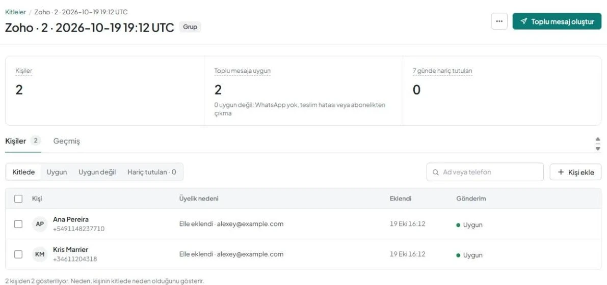 AnyLinga'nın «Kitleler» bölümündeki «Zoho · N · tarih» grubunun kartı; kişi listesi ve «Toplu mesaj oluştur» düğmesi görünüyor.