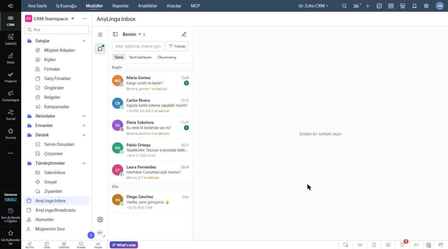Zoho’da görüşme listesini gösteren AnyLinga Inbox sekmesi.