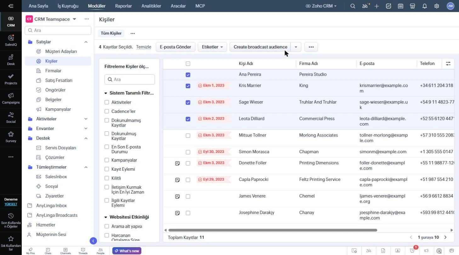 Zoho'daki «Kişiler» listesi: kayıtlar seçili, tablonun üstünde Create broadcast audience düğmesi görünüyor.