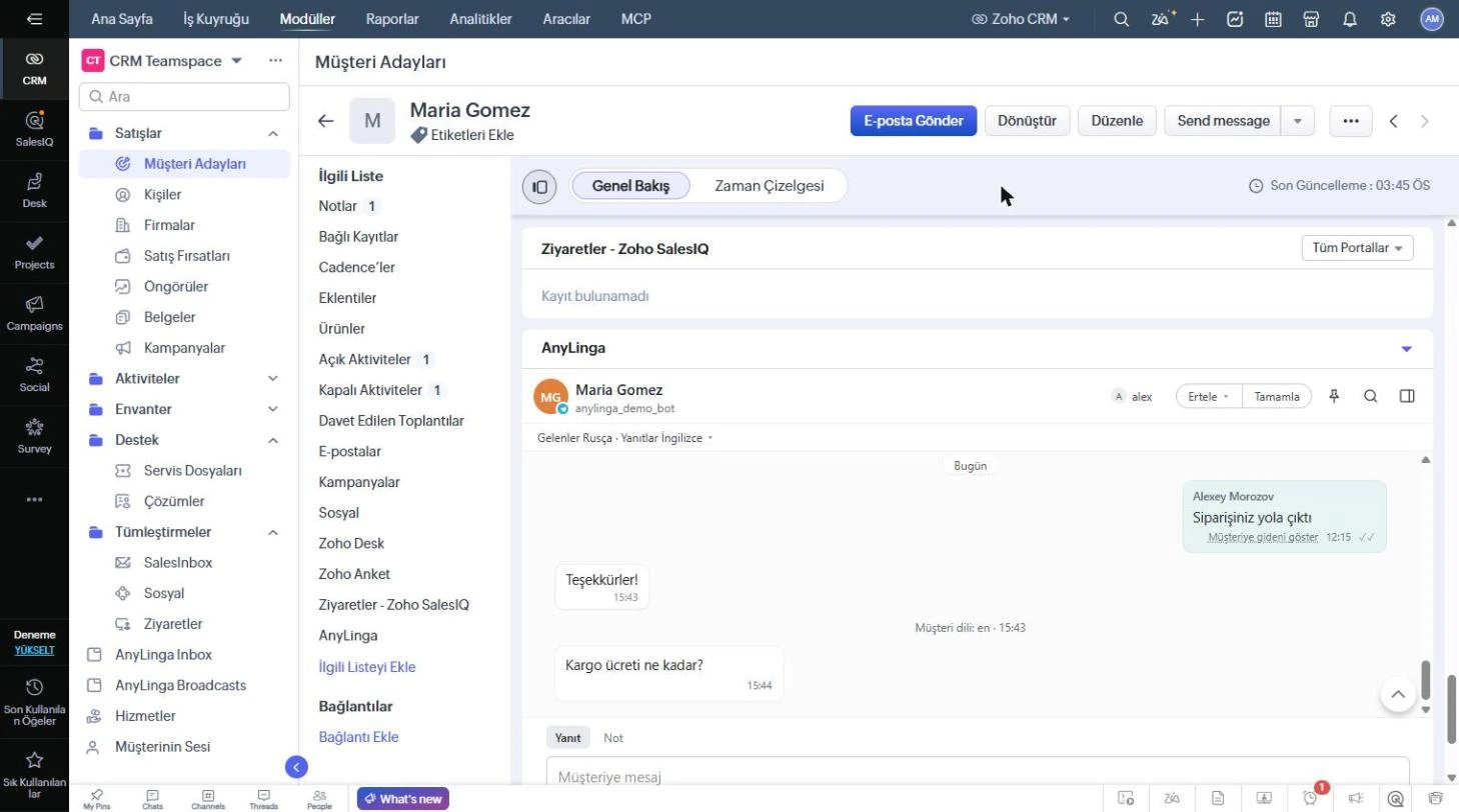 Zoho’da AnyLinga bölümünü ve müşteriyle yazışmaları gösteren müşteri adayı kartı.