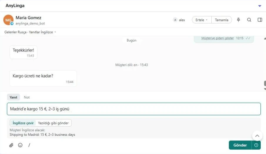 Zoho kayıt kartındaki AnyLinga bloğu: yanıt alanı, «İngilizceye çevir» ve «Yazıldığı gibi gönder» düğmeleri, çeviri önizlemesi ve «Gönder» düğmesi.