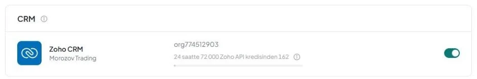 Bağlı Zoho CRM satırı: kuruluş kimliği ve adı, API limiti satırı ve açık anahtar.