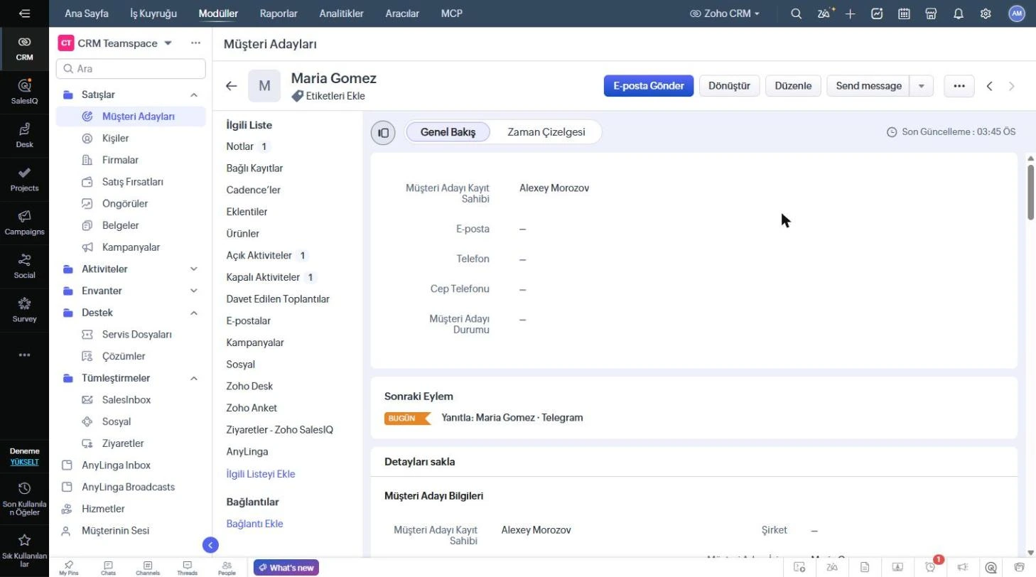 Zoho CRM’de üst kısmında Send message düğmesi bulunan müşteri adayı kaydı.
