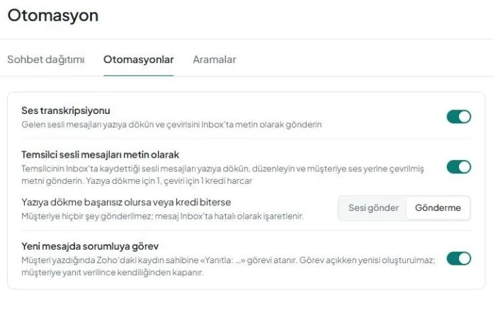Sesli mesajları yazıya dökme, temsilci sesli mesajlarını metin olarak gönderme ve sorumluya görev oluşturma ayarlarının bulunduğu «Otomasyonlar» sekmesi.