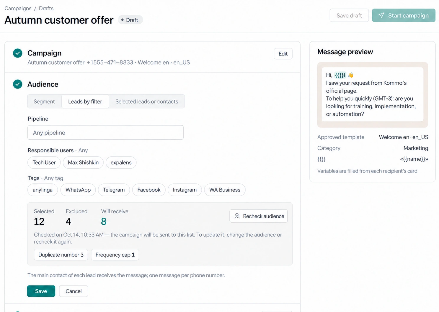 Creating a broadcast: selecting recipients and a WhatsApp Business API template