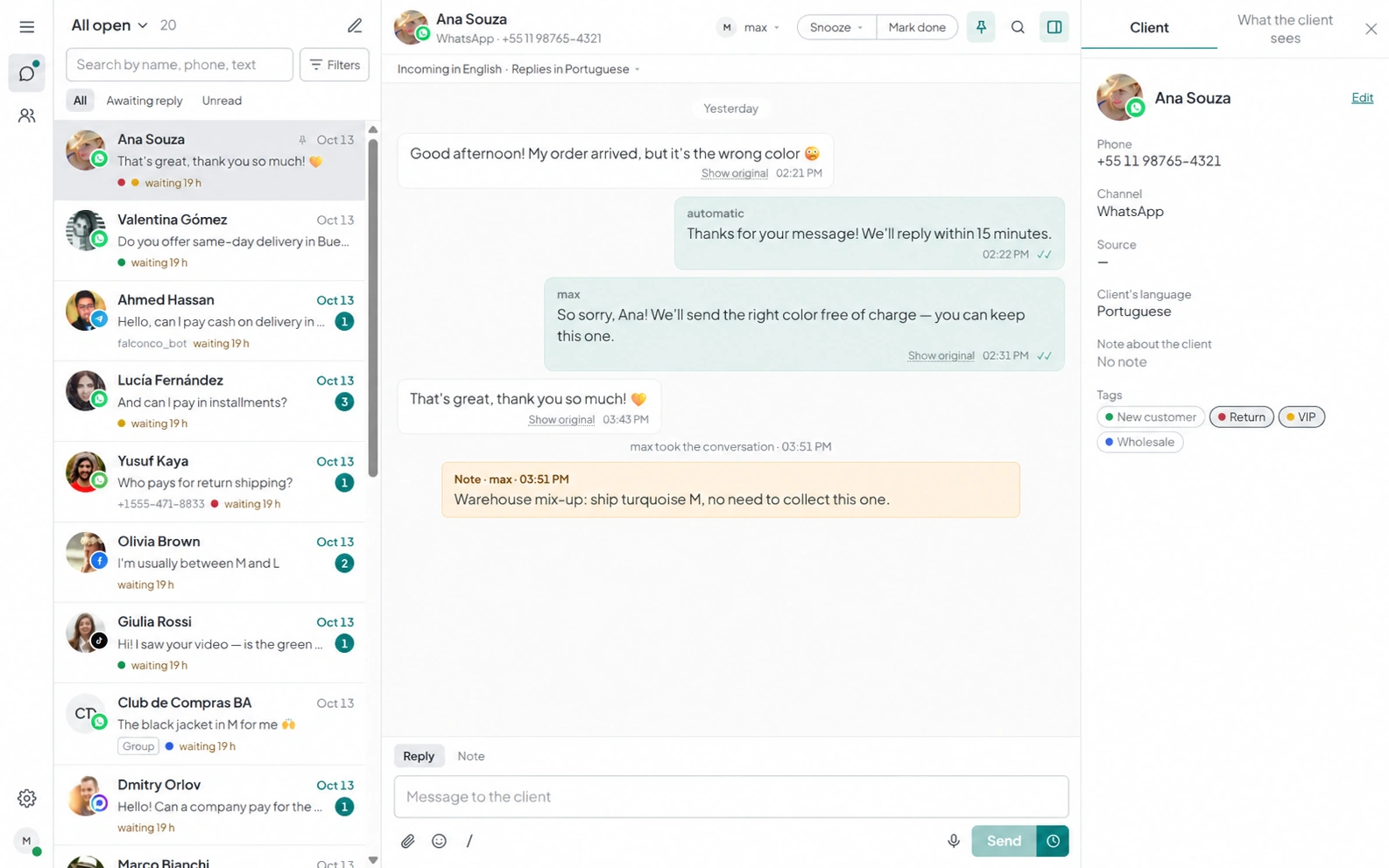 AnyLinga Inbox conversation list and an open chat with a translated message