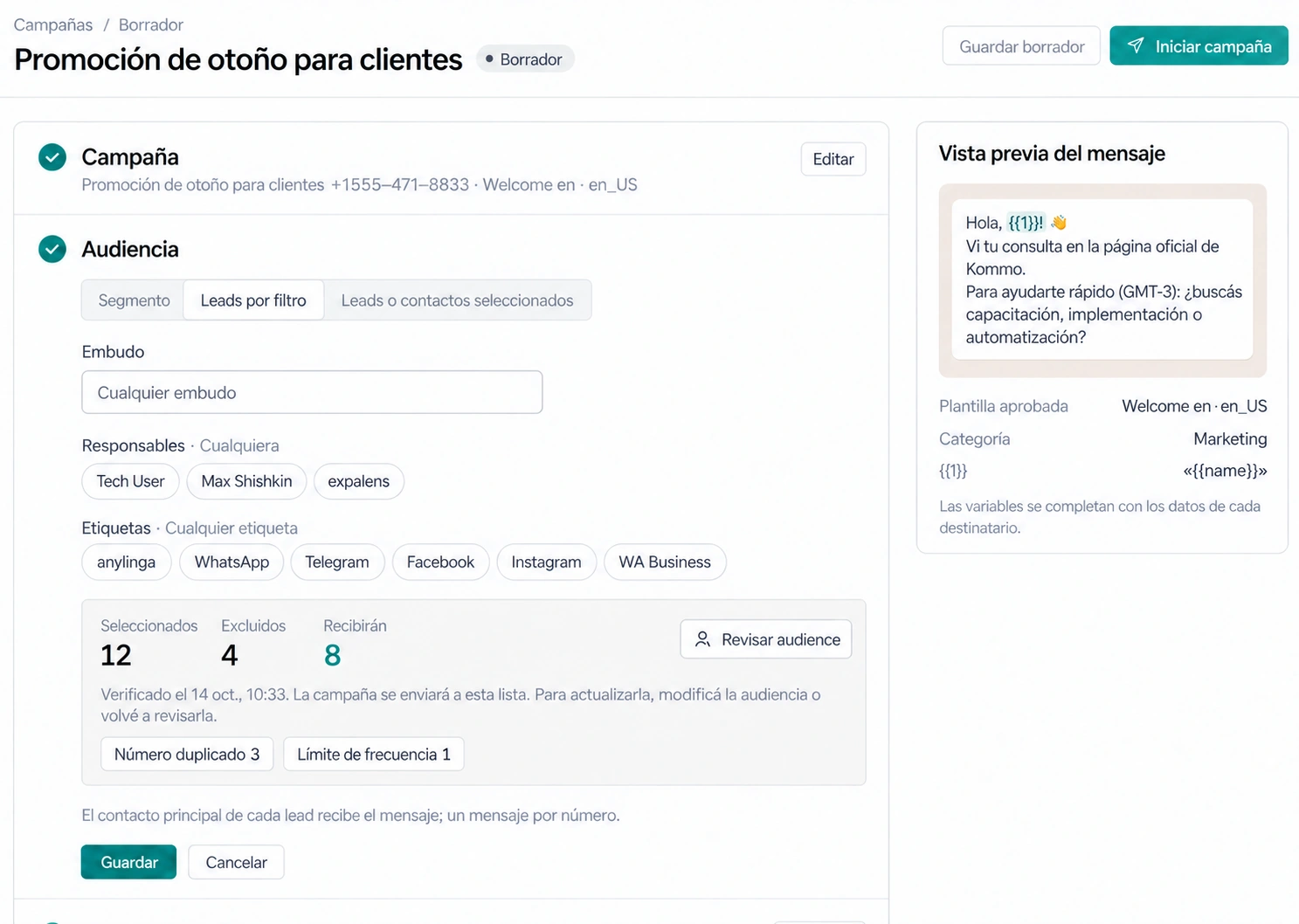 Creación de una difusión: selección de destinatarios y plantilla de WhatsApp Business API