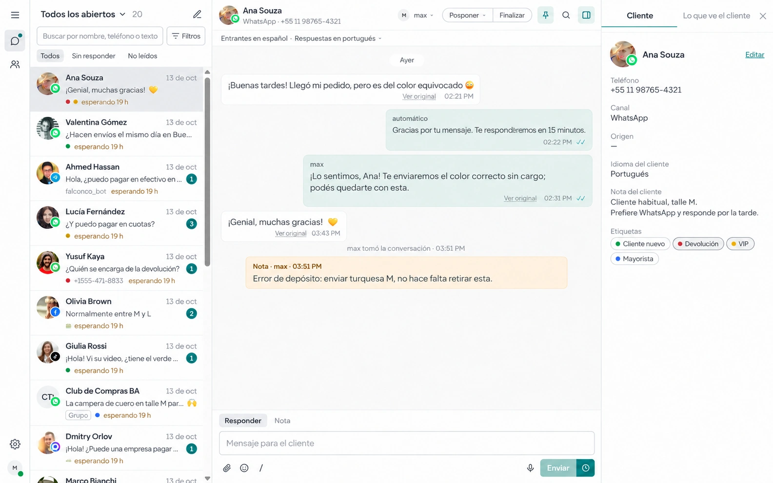 Lista de conversaciones de AnyLinga Inbox y un chat abierto con un mensaje traducido