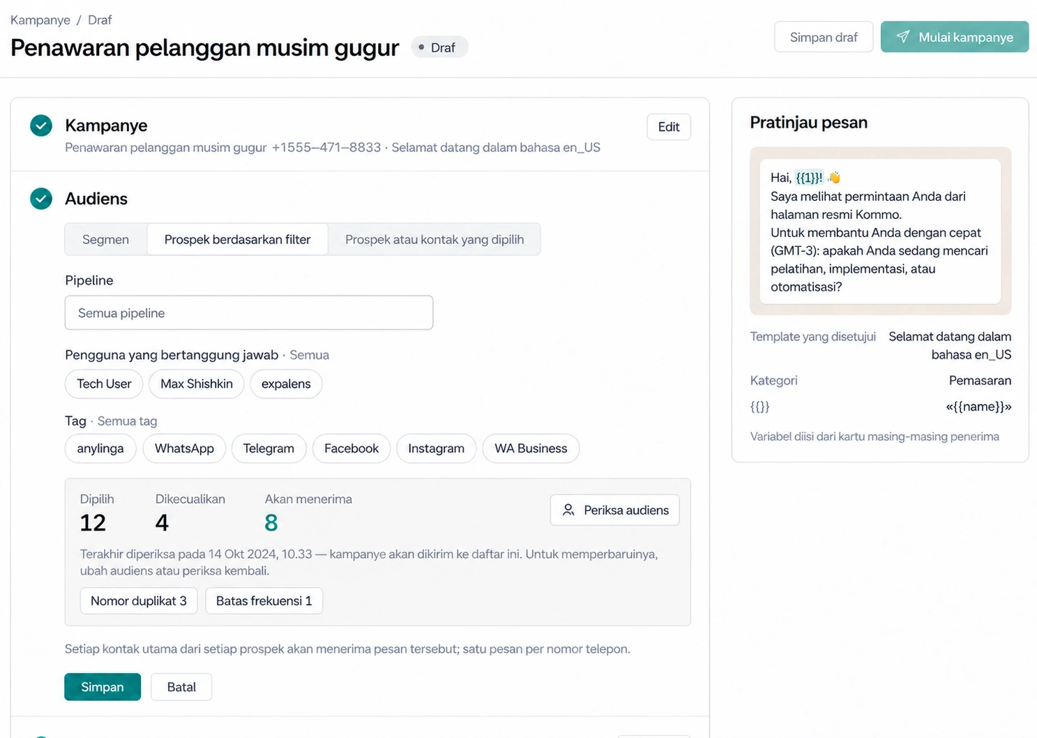 Membuat pesan siaran: memilih penerima dan template WhatsApp Business API