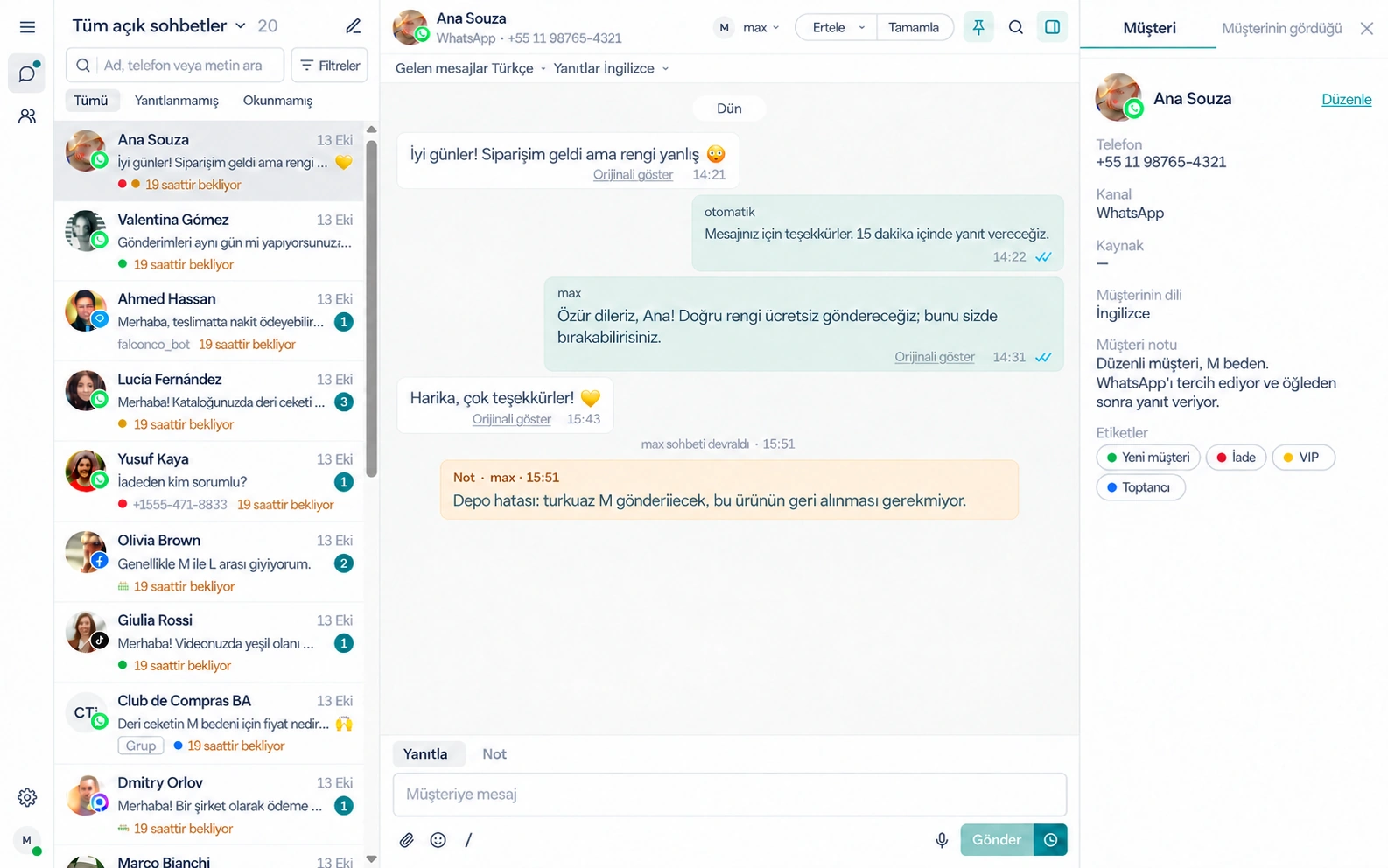 AnyLinga Inbox sohbet listesi ve çevrilmiş mesaj içeren açık sohbet