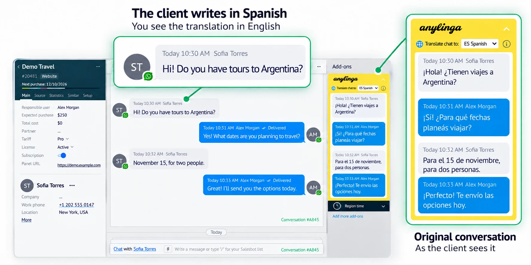 Kommo chat: the client writes in Spanish, the manager sees an English translation, and the AnyLinga widget shows the original conversation as the client sees it