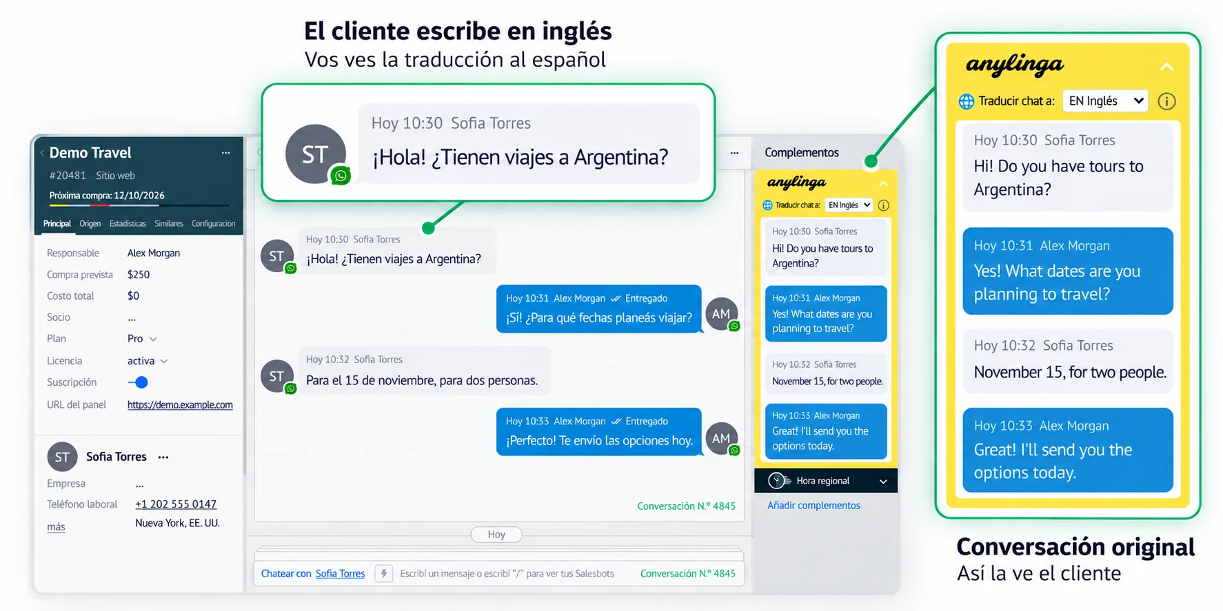 Chat en Kommo: el cliente escribe en inglés, el vendedor ve la traducción al español y el widget de AnyLinga muestra la conversación original tal como la ve el cliente