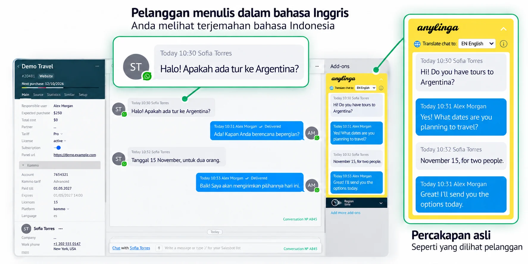 Chat di Kommo: pelanggan menulis dalam bahasa Inggris, staf penjualan melihat terjemahan bahasa Indonesia, dan widget AnyLinga menampilkan percakapan asli seperti yang dilihat pelanggan