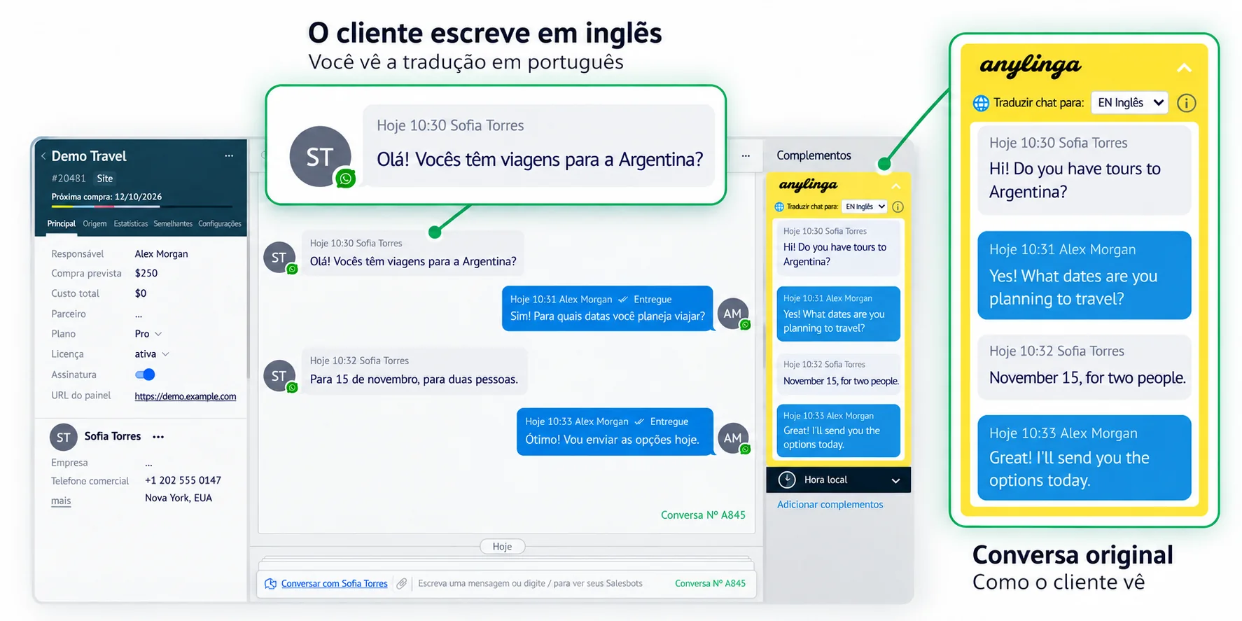 Chat no Kommo: o cliente escreve em inglês, o vendedor vê a tradução em português e o widget da AnyLinga mostra a conversa original como o cliente a vê