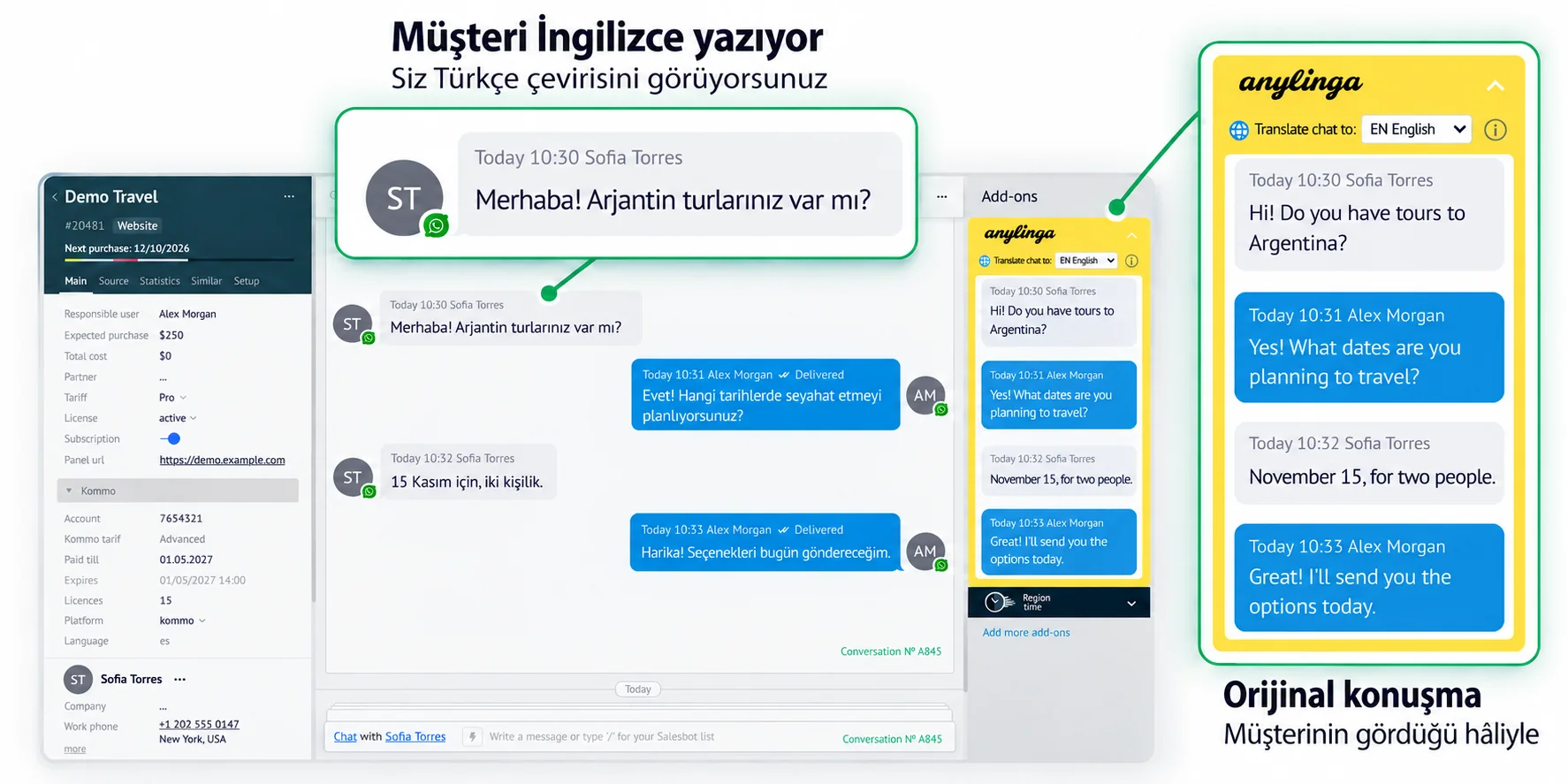 Kommo sohbeti: müşteri İngilizce yazıyor, satış temsilcisi Türkçe çevirisini görüyor, AnyLinga widget'ı ise orijinal konuşmayı müşterinin gördüğü hâliyle gösteriyor